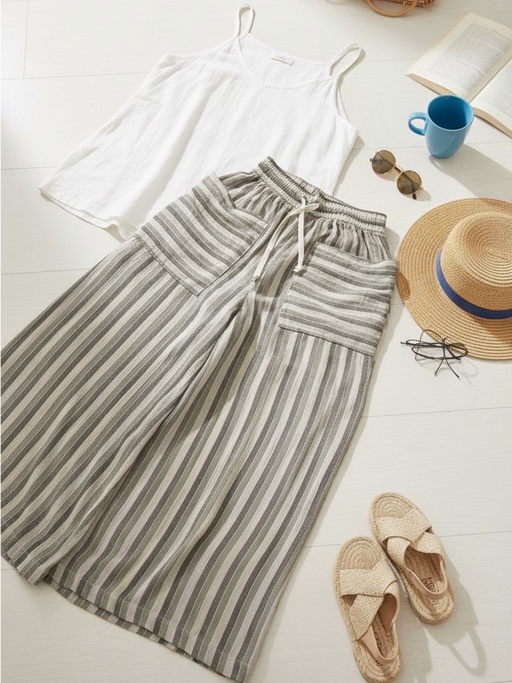 Free People XS Striped Wide-Leg Linen Blend Skirt - Light Gray/White